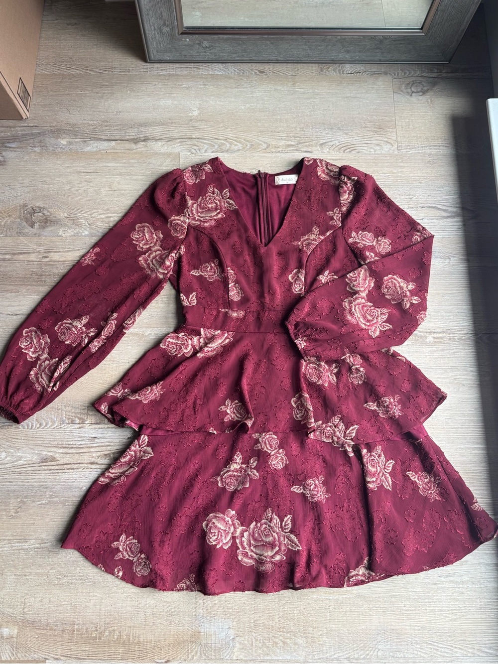 Altar'd State Burgundy Floral Long Sleeve Tiered Dress